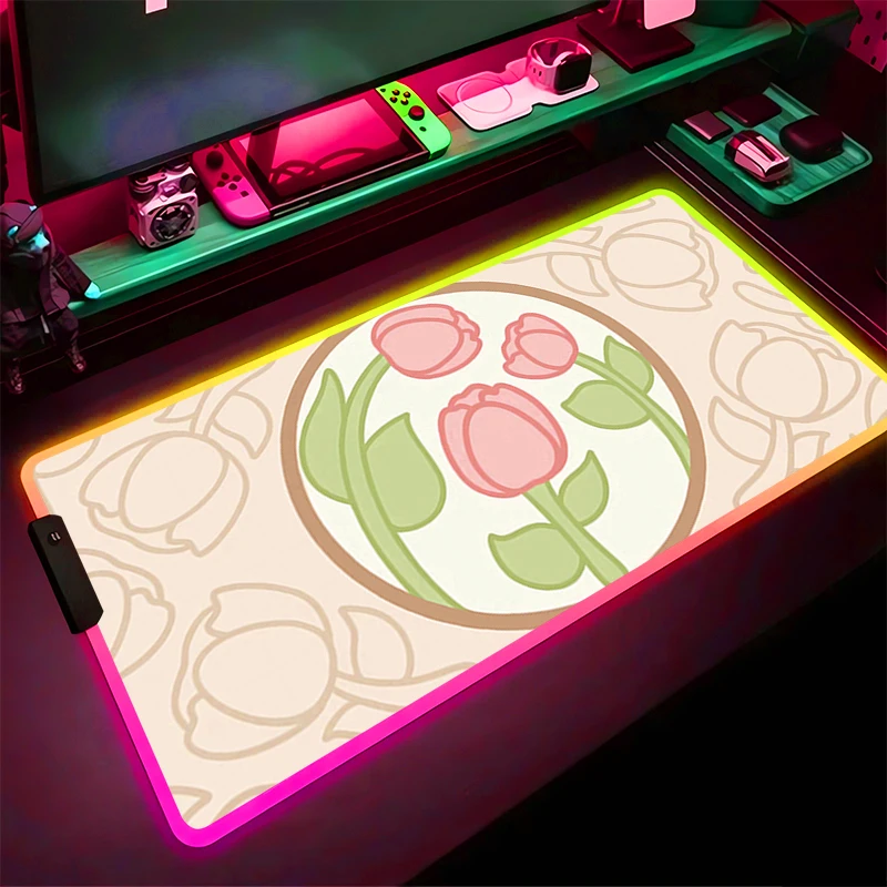 

RGB LED Mouse Pad Gaming Mat PC Accessories Mousepad Desk Mat Non Slip Extended Pad Rubber Vintage Flower Pattern Keyboard Pad