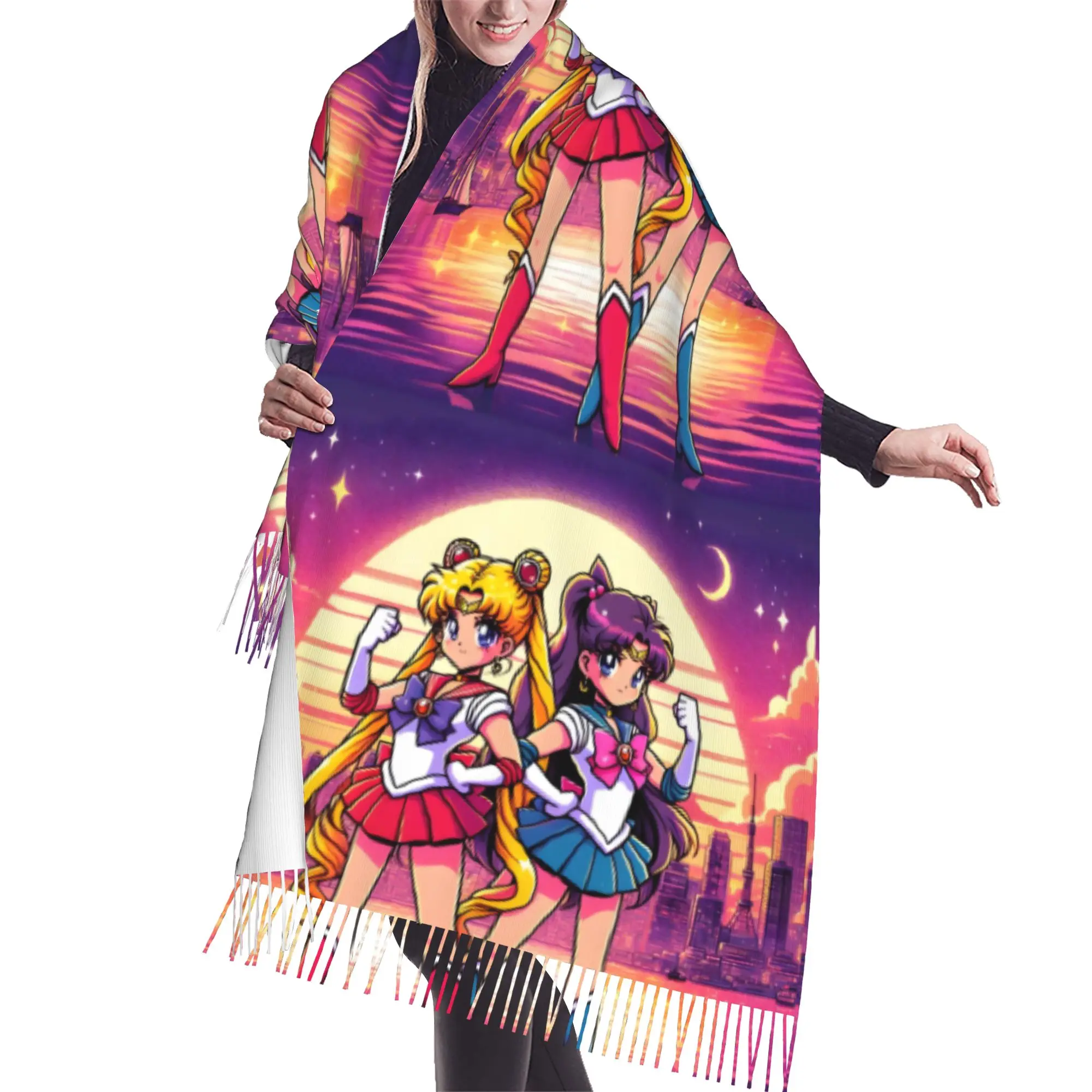 Custom Lady Long Sailored Manga Anime Mooned Scarves Women Winter Fall Thick Warm Tassel Shawl Wraps Usagi Tsukino Scarf