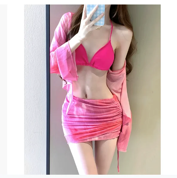 

Купальник бикини женский, новинка 2025 года, высококачественный чувственный разделенный купальник с длинными рукавами из четырех частей, женский однотонный купальник горячего источника