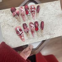 Red Handmade Stiletto Nails Full Cover Lucky Snake Rhinestone Rose Wearable Artificial Almond Acrylic Manicure with Tools 10Pcs