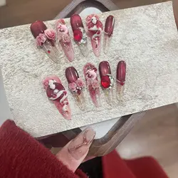 Red Handmade Stiletto Nails Full Cover Lucky Snake Rhinestone Rose Wearable Artificial Almond Acrylic Manicure with Tools 10Pcs