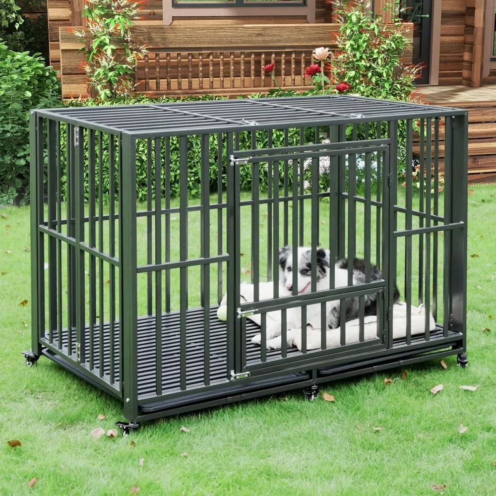 

60 inch Heavy Duty Dog Crate, Folding Dog Kennel No Assembly, Escape Proof Large Dog Cage Kennel with Lockable Wheels, High Anx