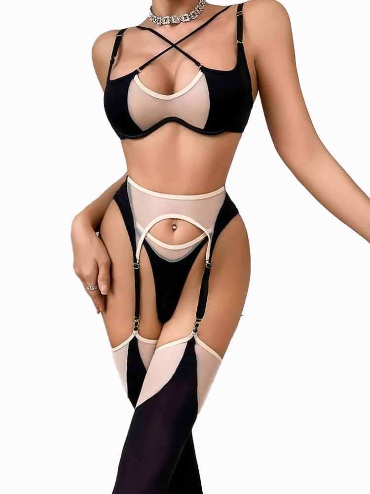 

Сексуальное черное сетчатое прозрачное нижнее белье, комплекты из 4 предметов, необычные ультратонкие бюстгальтеры с лямкой на шее и стринги, наряды с подвязками, сексуальный эротический комплект для взрослых