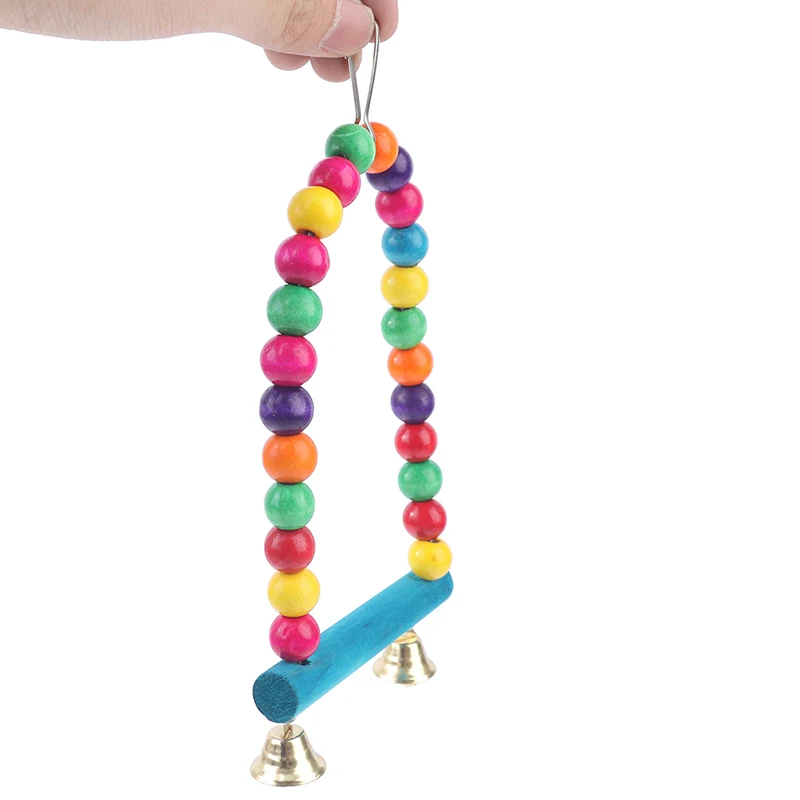 New 1PC Natural Wooden Parrots Swing Toy Birds Colorful Beads Bird Supplies Bells Toys Perch Hanging Swings Cage for Pets