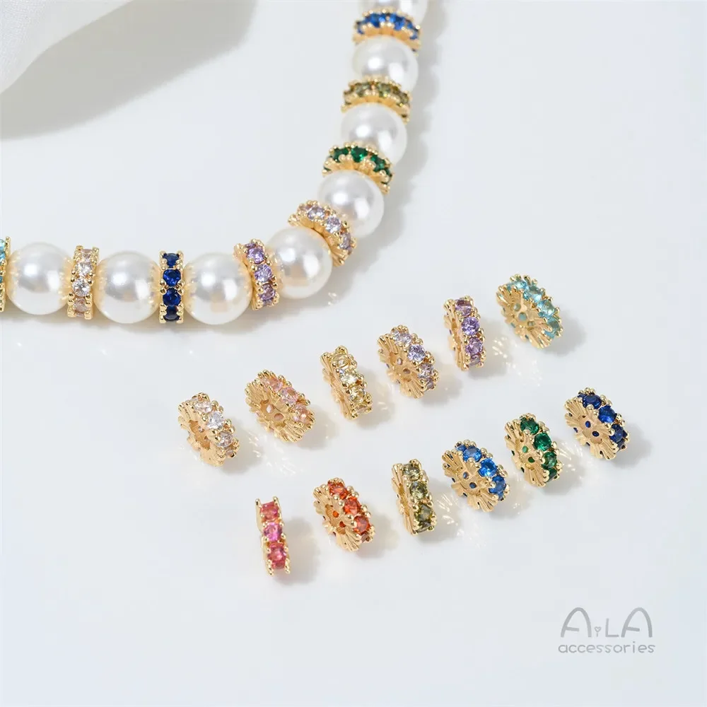 T382 14K Gold-plated Zircon Birthstone 8mm Spacer Pieces, Hand-made Diy String Pearl Crystal Bracelet Accessory Material