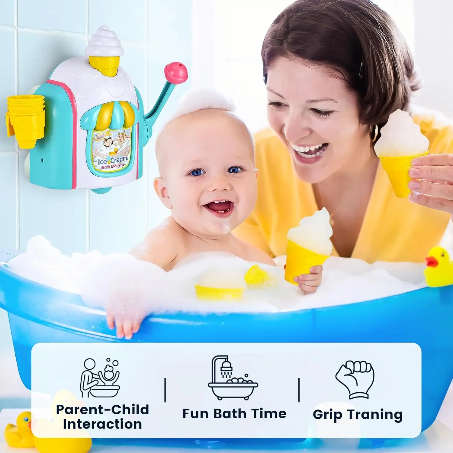 Jouets de bain pour tout-petits de 3 à 5 ans, machine à crème glacée, jouet de baignoire avec boutons à pression, machine à bulles, gâteau de simulation, ne tombe pas