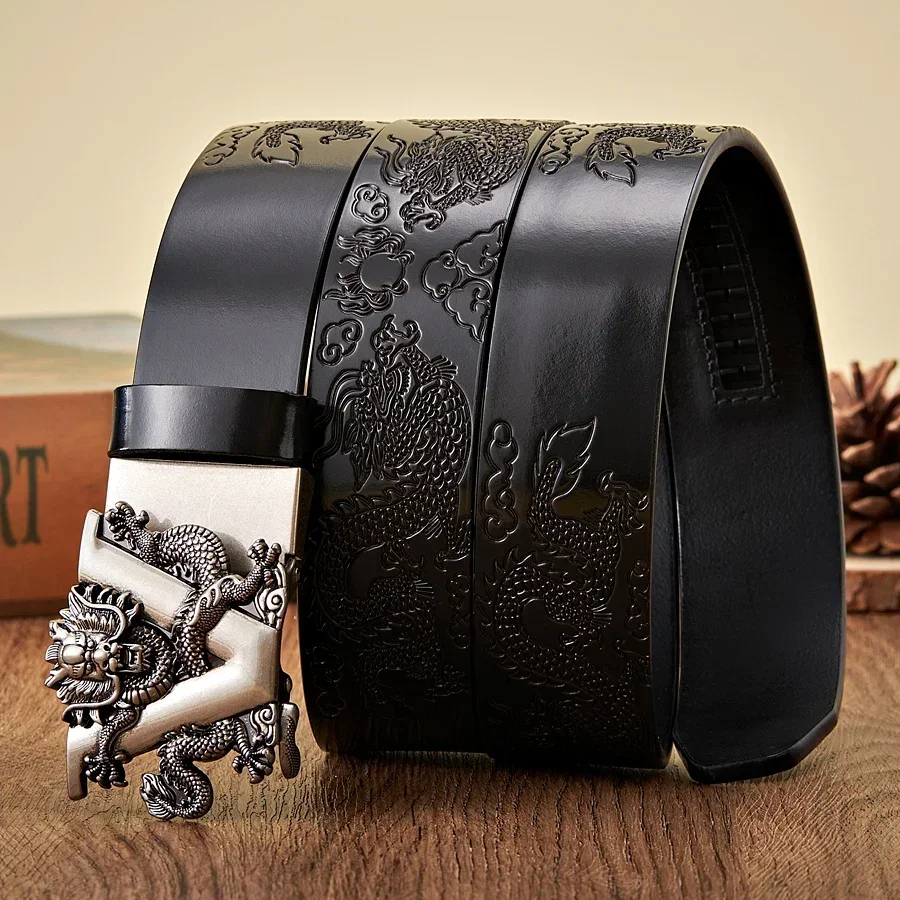 2024 New 3.4CM Male Chinese Dragon Belt Cowskin Genuine Leather Belt for Men Carving Dragon Pattern Automatic Buckle Belt Strap