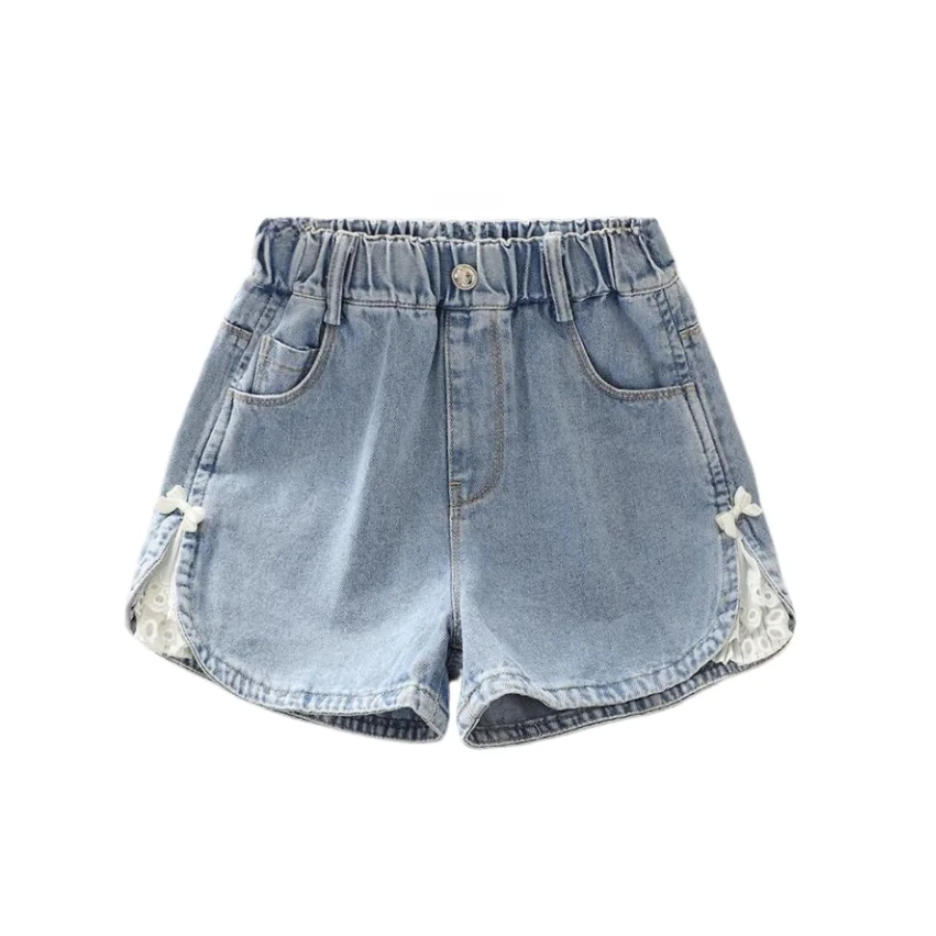 New Summer Children Denim Shorts with Side Slit Lace Flower for Kids Girl Fashion Bowknot Mini Shorts Pants 5 7 9 11 13 14 Years