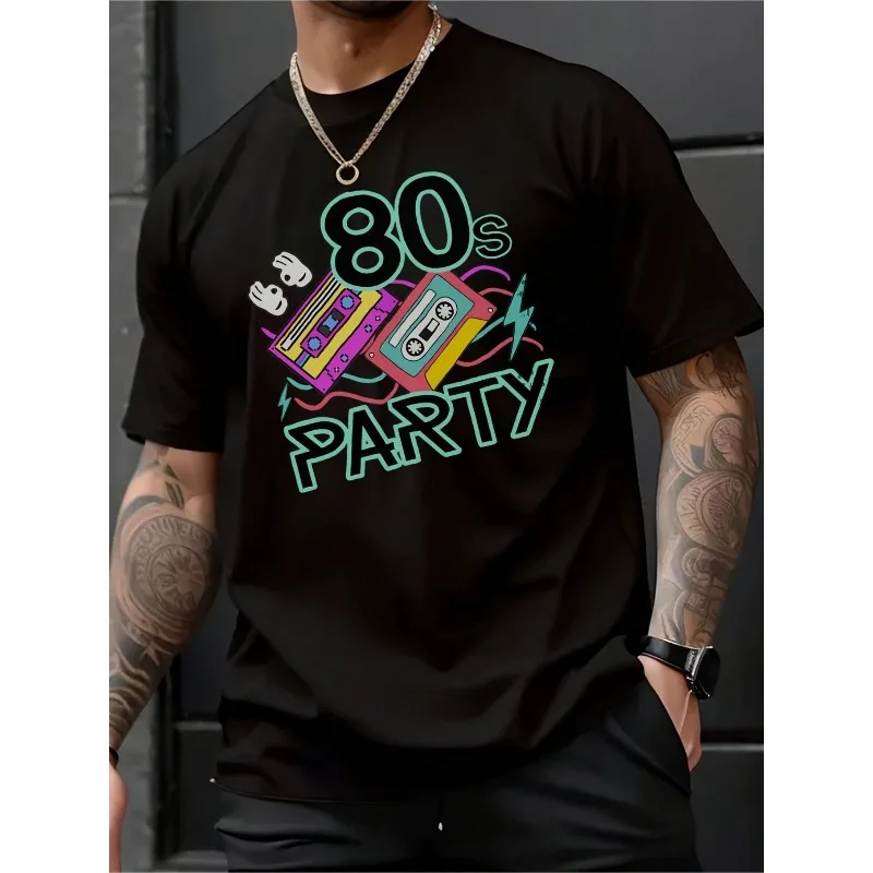 

Vintage 80s Party T Shirt for Men Retro Cassette Tape Music Theme Graphic Tee Neon Disco Dance Clubwear Costume