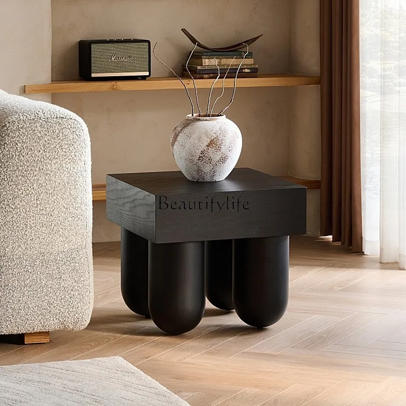 

Nordic square coffee table medieval wabi wind solid wood sofa edge few black shoe changing stool
