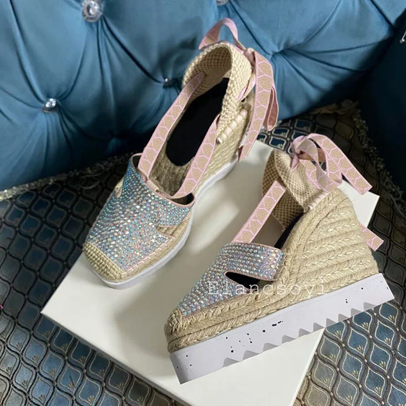 Spring Autumn Genuine Leather Back Strap Sandals Women's Thick Bottom Wedges Shiny Crystal Solid Color Pumps Banquet Dress Shoes