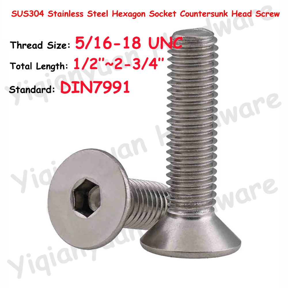 

Yiqianyuan 5/16-18 UNC DIN7991 SUS304 Stainless Steel Hexagon Socket Countersunk Head Screws Allen Key Bolts Flat Hex Screws