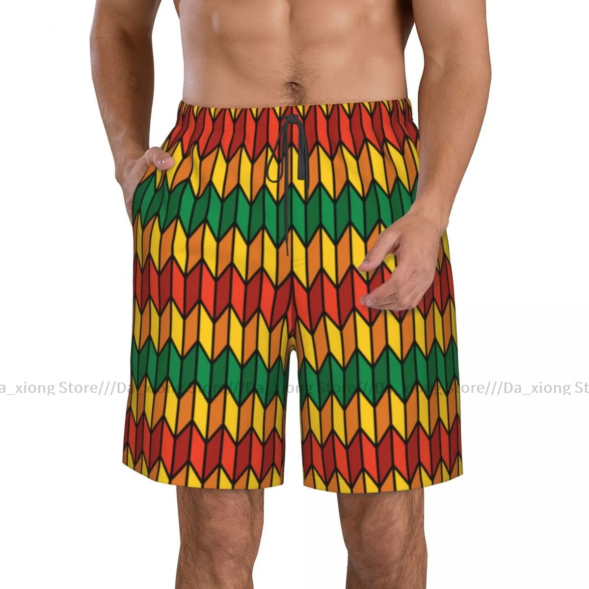 Mens Swimming Shorts Swimwear Rasta Geometrical Zig Zag Triangle Trunks Swimsuit Beach Wear Boardshorts