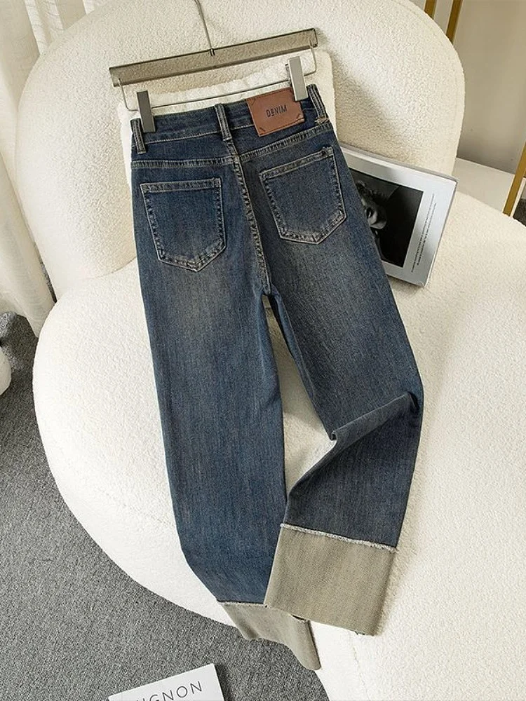 슬리밍 시멘트 아이 데님 진 하이웨이스트 스트레이트 레그 여성 여름 스몰 사이즈 바지 웨이드 헴 진 코튼 블렌드
