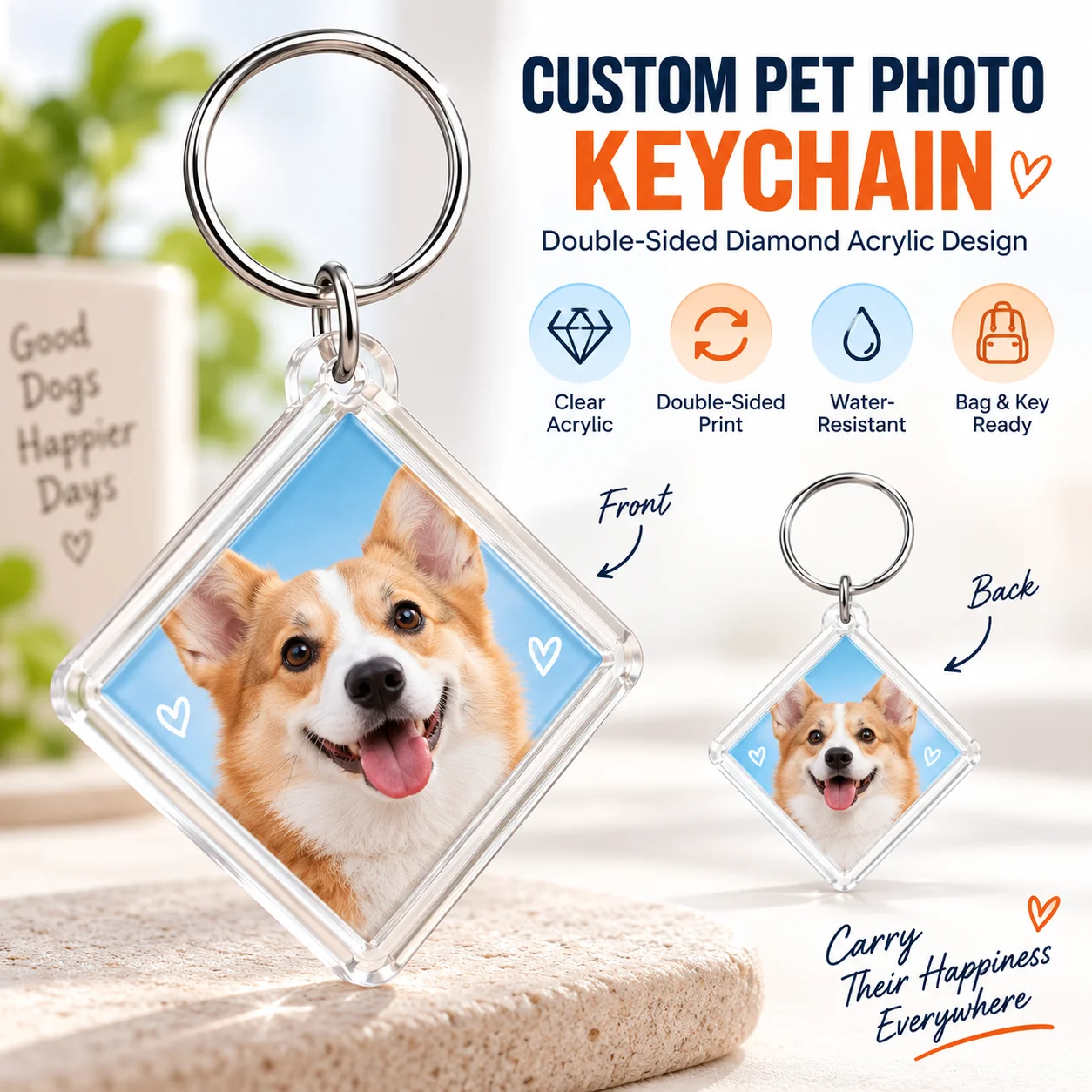 Customized Double-Sided Printed Diamond Plastic Box Keychain Full Picture Design Ideal for Personal Use Or Gifts