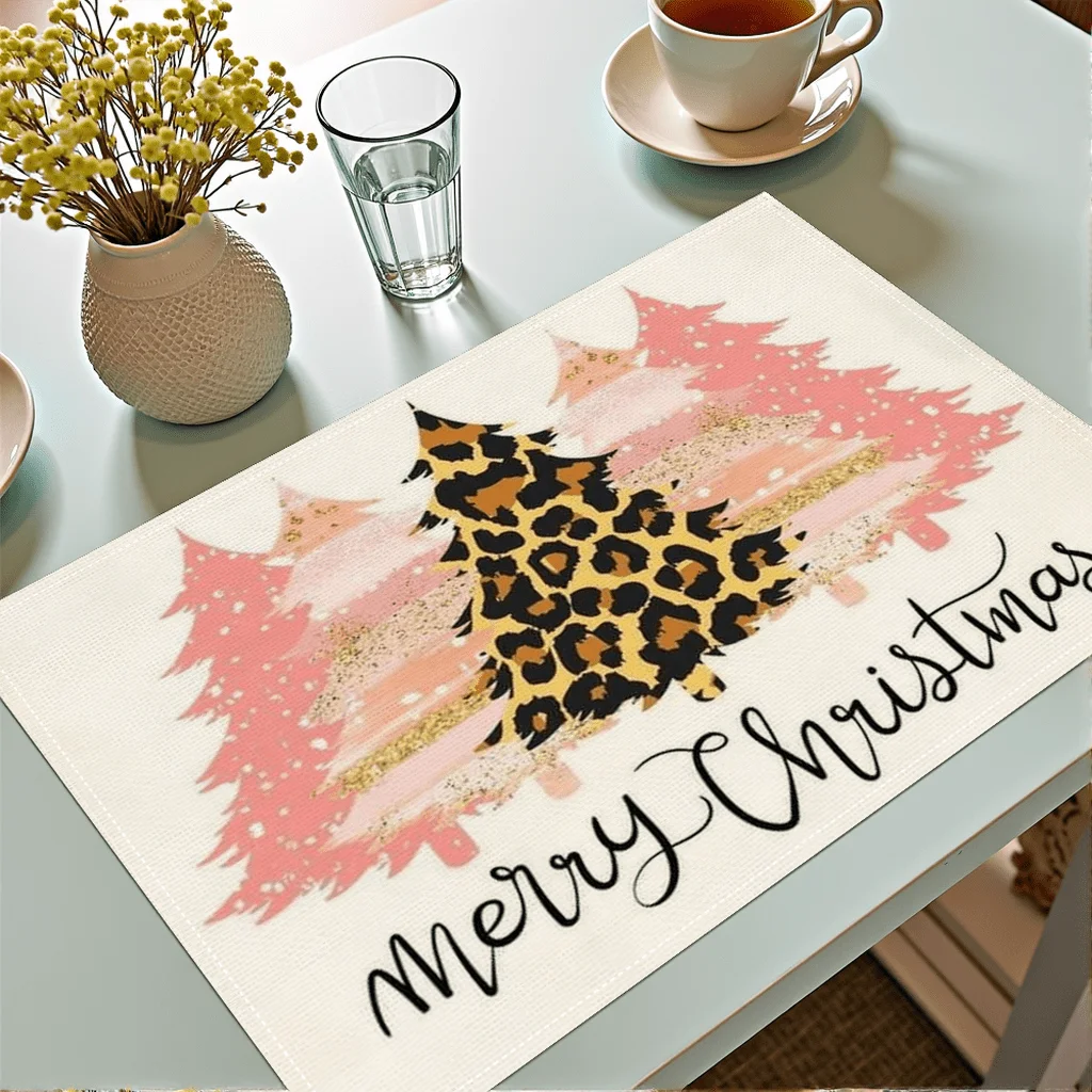 Set of 4 Christmas-Themed Placemats Material Crafted Design with Handmade Feel Featuring Christmas Tree and Snowflake Patterns