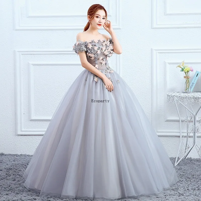 Gris púrpura personalizado barato fuera del hombro mujeres vestido De baile Formal largo Organza tutú vestido De novia para novia Vestidos De graduación