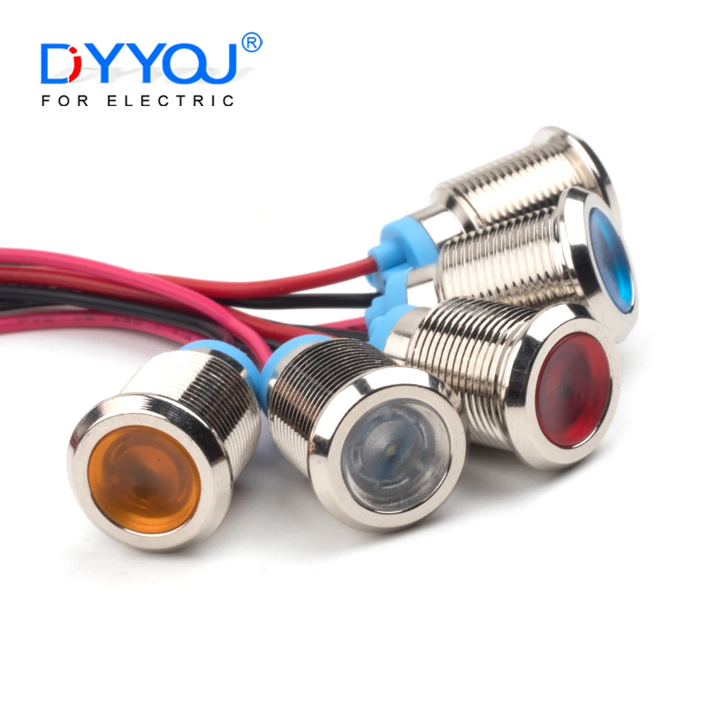 12mm LED Metal Waterproof Indicator Light Metal Signal Lamp With Wire 6V 12V 24V 110V 220V Red/Yellow/Blue/Green/White Lights