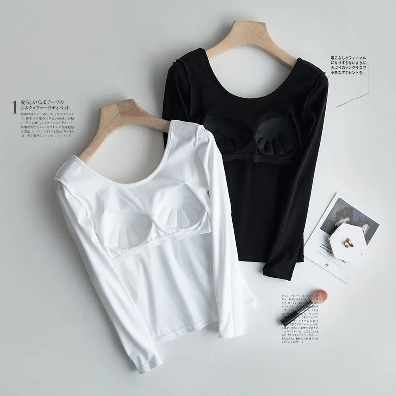 2023 Spring Autumn New Long-Sleeved Pajamas With Chest Pad Home Service Bra Integrated U Back Home Base Inner Wear For Women