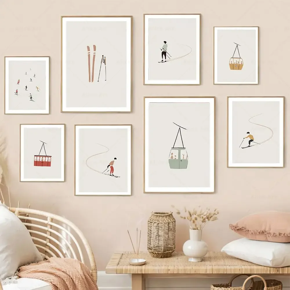 Pintura en Lienzo de Arte Lineal de Esquí Deportivo, Impresión de Góndola de Ascensor de Esquí, Obra de Arte de Esquiador, Regalo, Pósters Minimalistas, Cuadros de Arte de Pared, Decoración para el Hogar