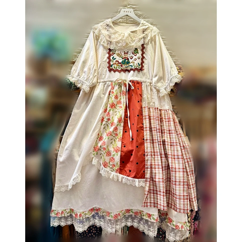 

Female Vintage Cotton Linen Mori Girl Embroidery Ruffled Lace Patchwork Tea Length Midi Dress Retro Cottagecore Tunic Long Dress