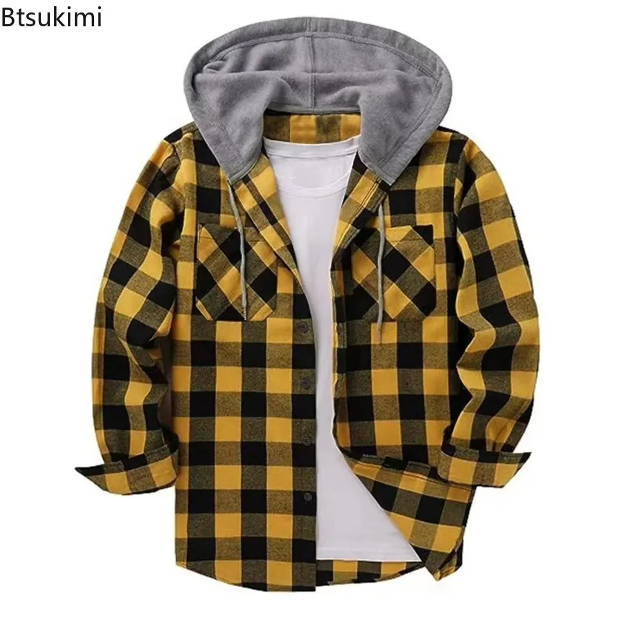 2025 Men's Flannel Shirt Jackets Classic Plaid Loose Casual Hooded Coats Double Pockets Button-up Blouses Spring Autumn Men Tops