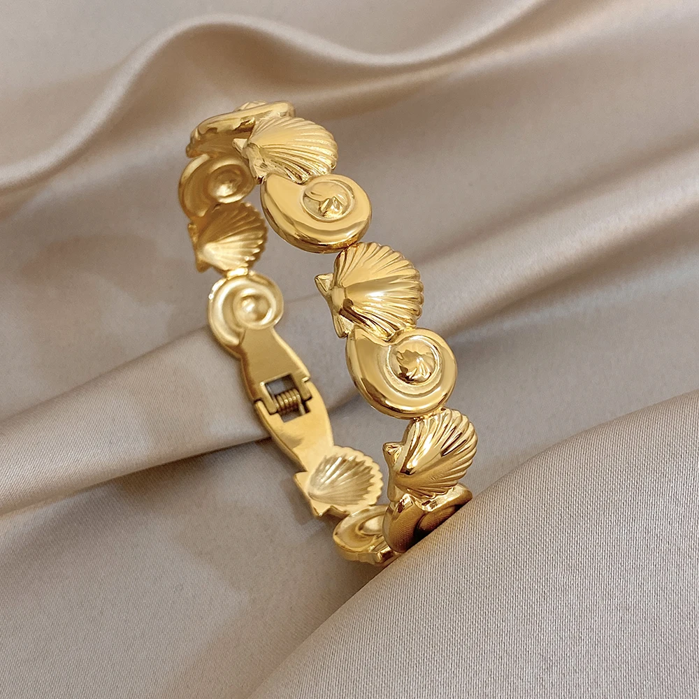 

Unique Conch Scallop Splicing Stainless Steel Bangle for Women Gold Color Waterproof Spring Bracelet Summer Beach Jewelry Gift