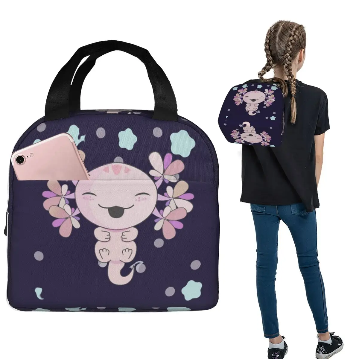 Axolotl Sea Animal Insulated Lunch Bag for Women Kids Leakproof Food Boxes Thermal Lunch Box Tote