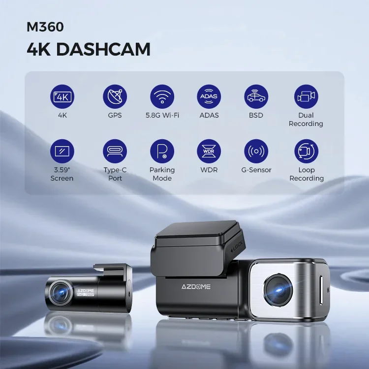 M360 ADAS Waterproof Smart Car Camera, TF Card Driving Recorder, WiFi, GPS, G-Sensor, Front & Rear 4K, Night Vision DVR