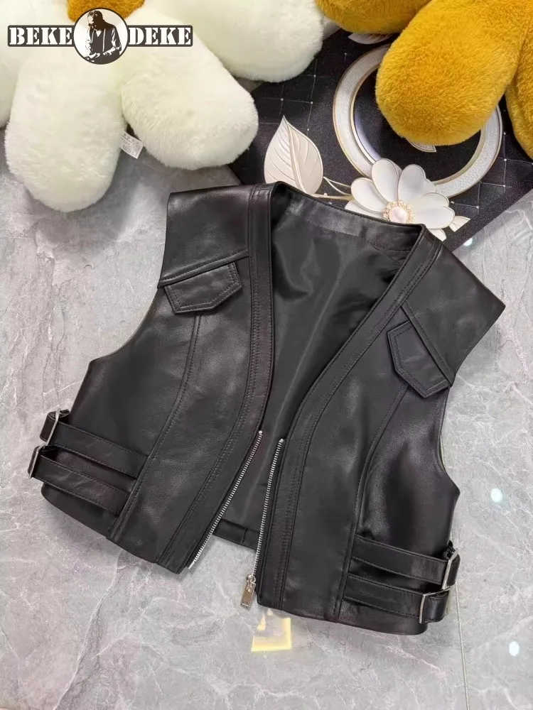 

Office Ladies Zipper V-Neck Genuine Leather Vest Solid Color Fashion Designer Women Sheepskin Sleeveless Comfortable Waistcoat