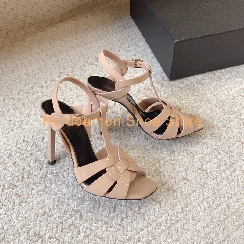 

Classic Style Matte Leather Square Toe Cross Woven Strap Sandals Sexy Side Hollow Slingback Ankle Strap Buckle Stiletto Sandals