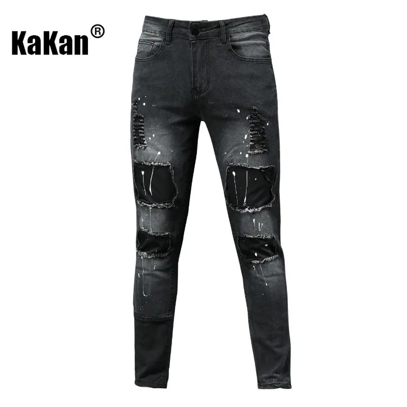 Kakan - New Men's Perforated Printed Jeans, Y2k Clothes with Elastic Small Leg Long Jeans, Jeans Man Brand
