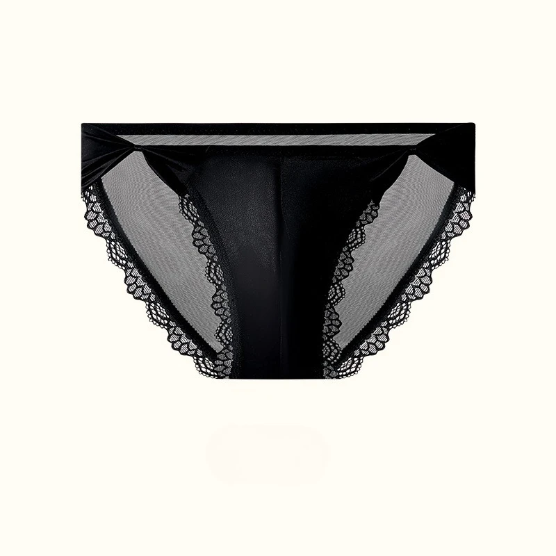 Men's Underwear High Fork Bow-Tie Lace Briefs U Convex Pouch Lingerie Underpants Ultra-Thin Ice Silk French Mesh Panties