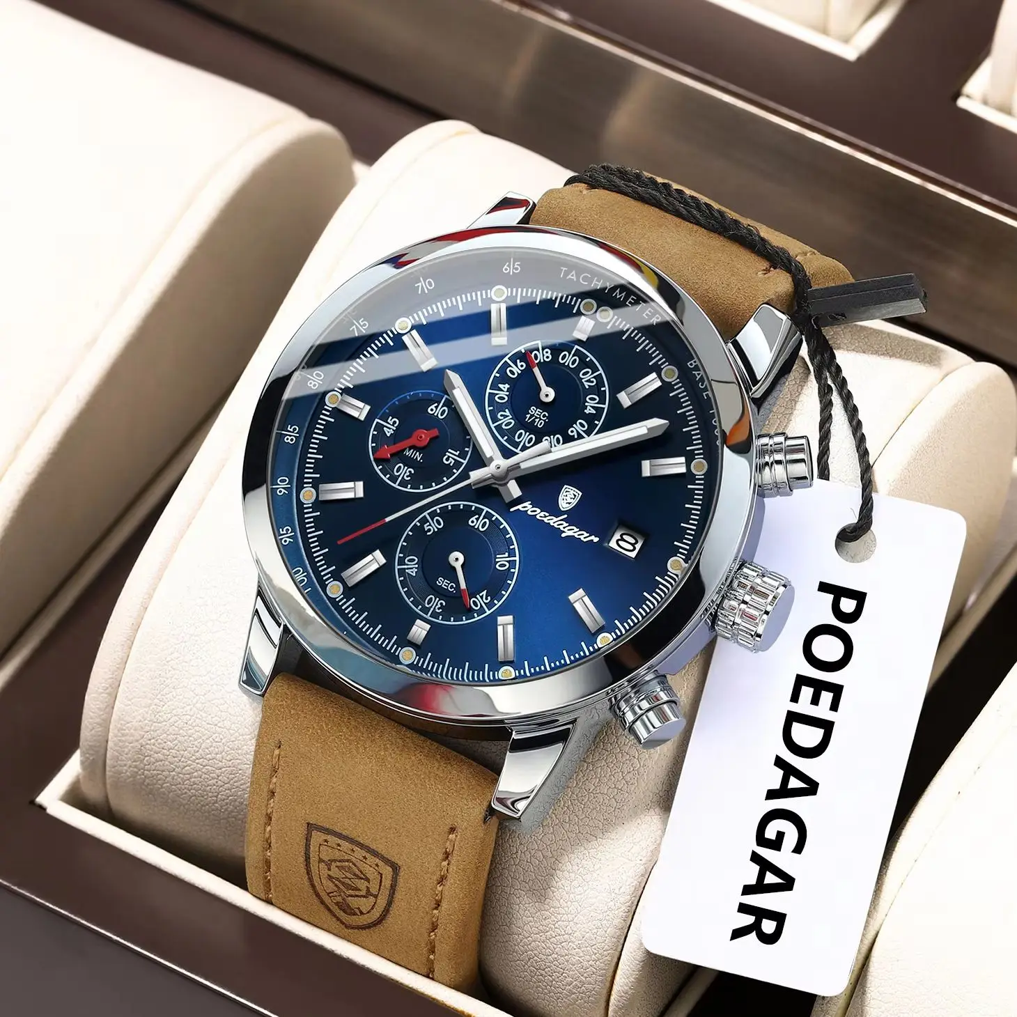 POEDAGAR Functional Men Wristwatch Date Waterproof Luminous Chronograph Men's Watches Leather Quartz Military Man Watch+Box Gift