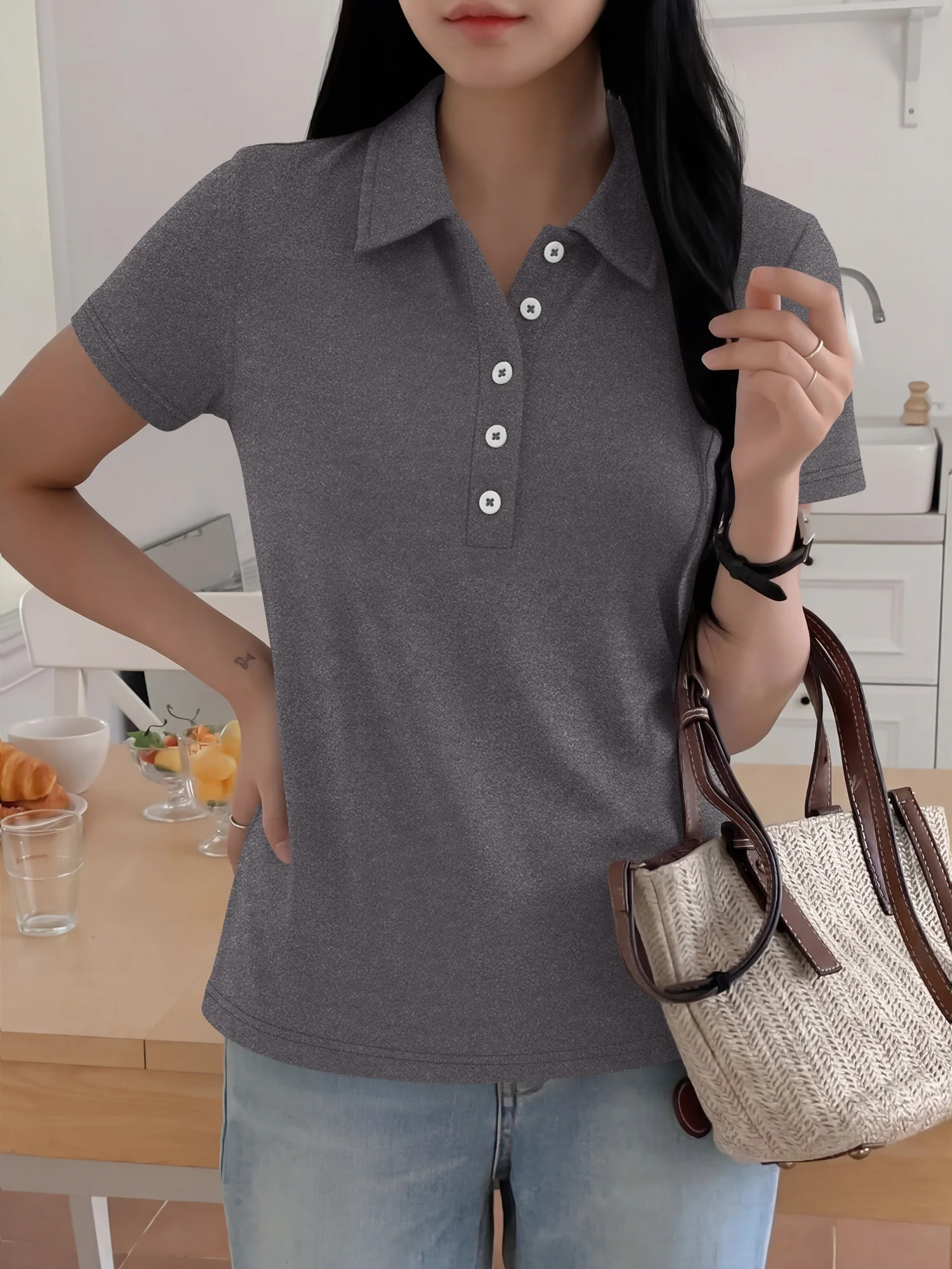 Ladies Summer Casual Lapel Polo T‑Shirt Half Placket Buttons Short Sleeve Slim‑Fitted Solid Tees Daily Going‑out Wear Tops