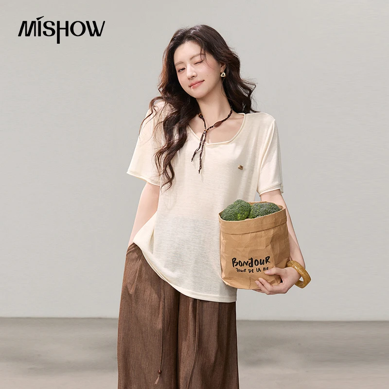MISHOW Multiple Color Options V-neck Solid Short Sleeve T-shirt Women's Summer Korean Casual Style Loose Fit Tees Top MXF16T1542