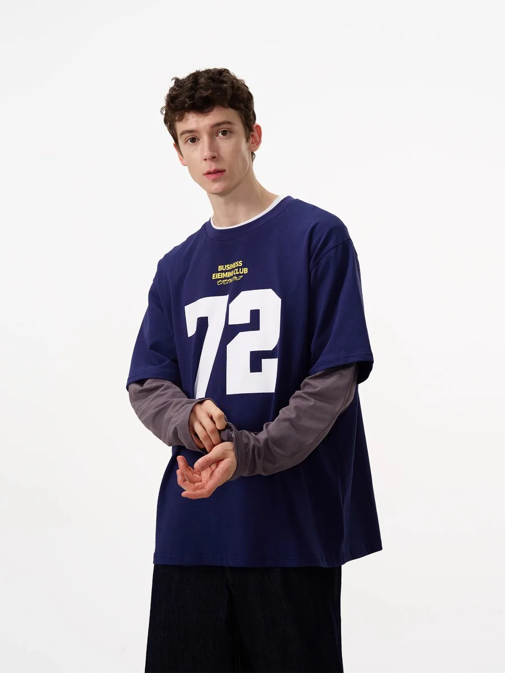 Letter Print Contrasting Color Long-sleeved T-shirt Men's and Women's Loose Fake Two-piece Tops Tee