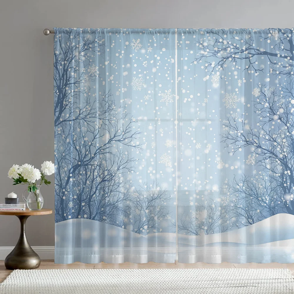2PCS Winter Snow Scene Sheer Curtains – Snowy Trees & Flakes Print, Rod Pocket for Kitchen Café Bedroom Balcony
