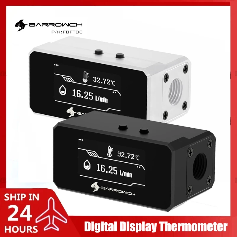 BARROWCH PC Water Cooling Thermometer / OLED Flow Meter 2 In 1 Monitor, Intellect Monitoring Alarm G1/4