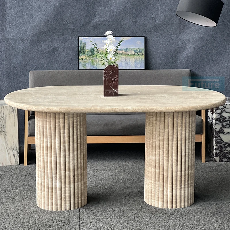 

Luxury Customized Natural Beige Travertine Dining Table Stone Furniture Dining Table Fluted Oval Marble Travertine Dining Table