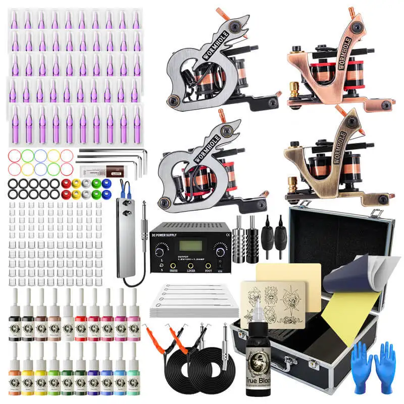 

Professional 4 tattoo machine set 20 color material tattoo power supply with hook line foot tattoo accessories aluminum box