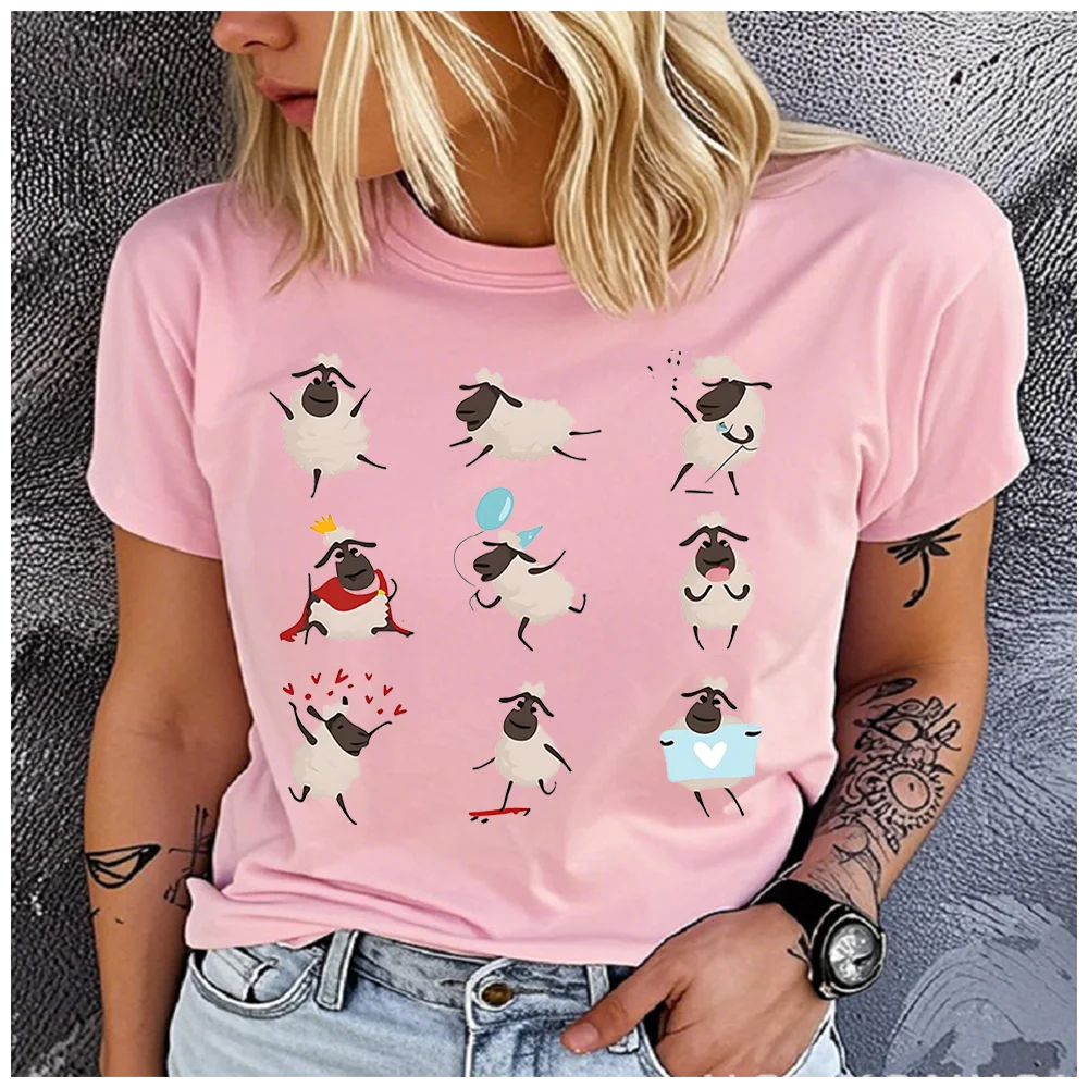 100% Cotton Women Red T Shirt Cute Cartoon Sheep Collection Funny Animal Graphic Print Short Sleeve Crew Neck Casual Ladies Tee