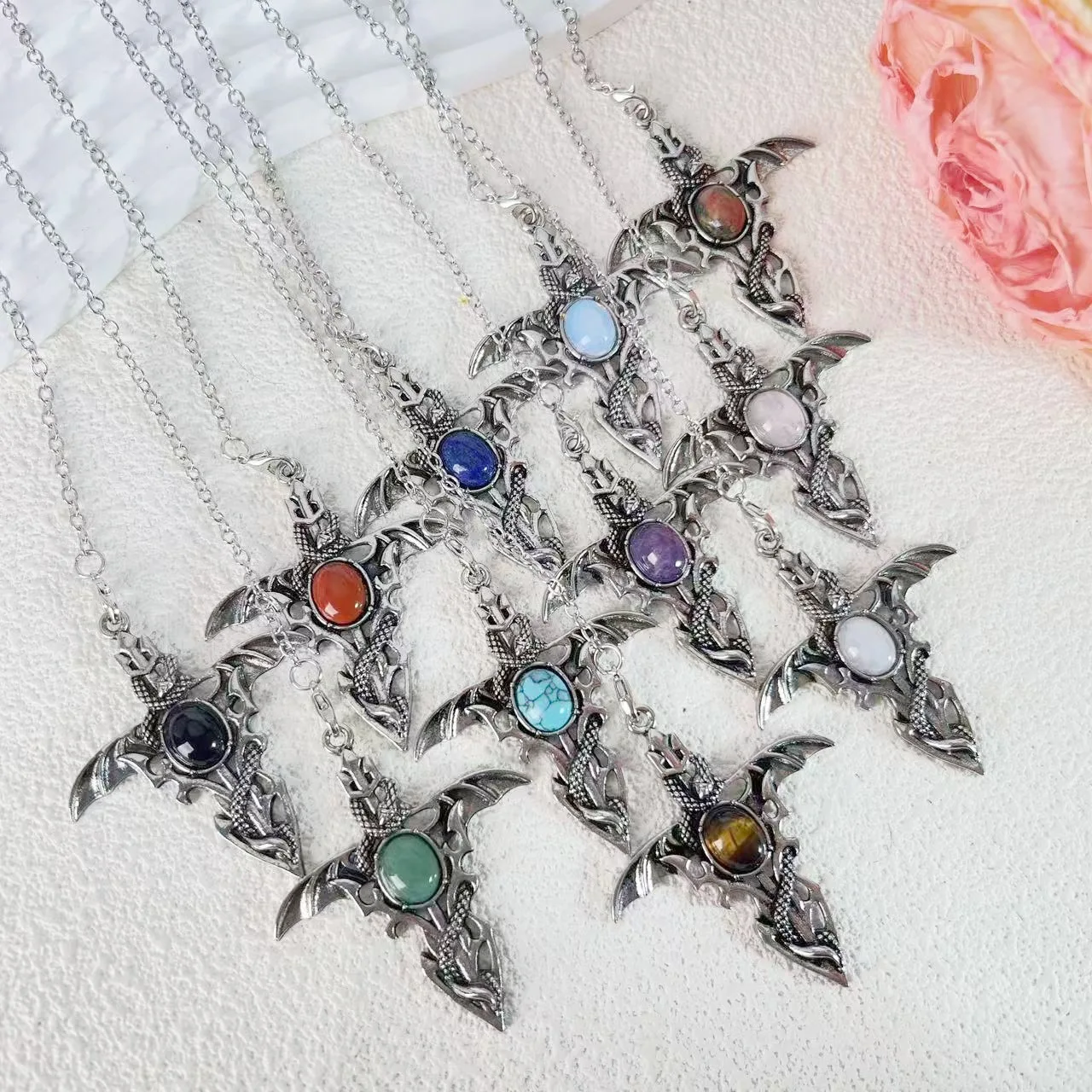 Bat Dragon Cross Natural Stone Pendants, Gothic Healing Crystal Necklaces for Men Women