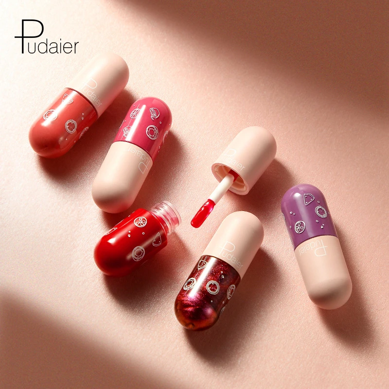 Pudaier-mini Cápsula de esmalte de labios, antiadherente, antidecoloración, brillo de labios, brillo fino, hidratante