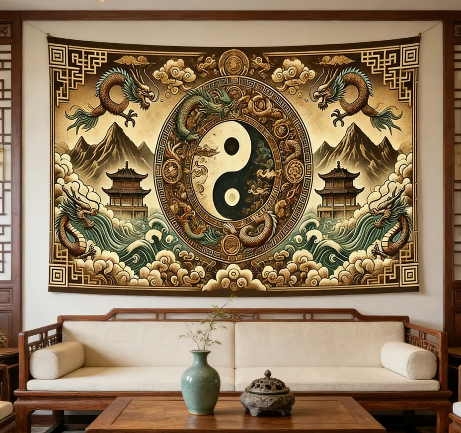 Chinesischer Drache Yin Yang Wandteppich 2D Flachdruck Tai Chi Feng Shui Wandbehang für Wohnzimmer Schlafzimmer Asiatischer Stil Heimdekoration