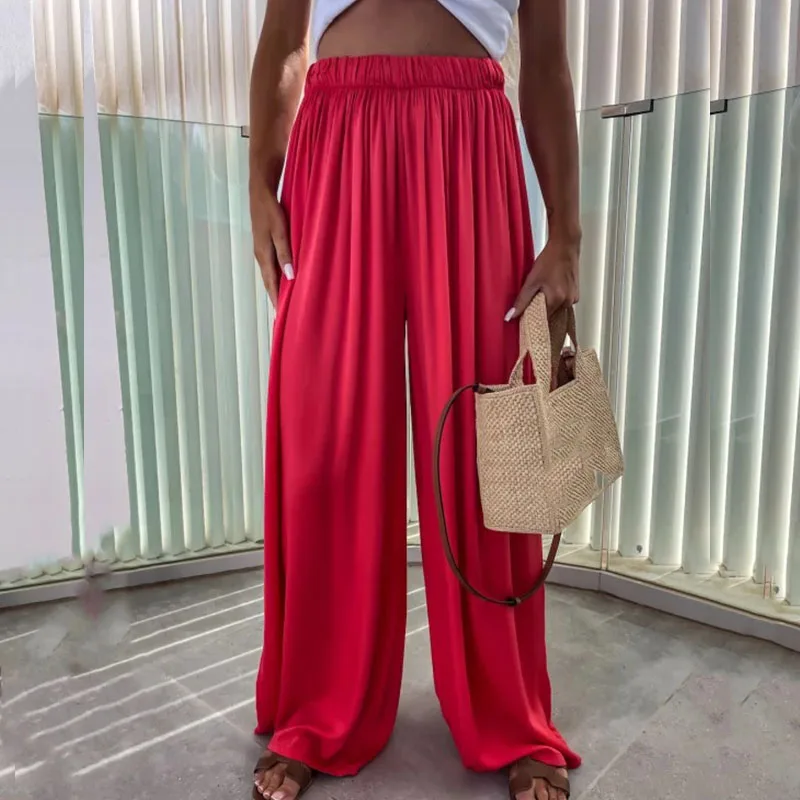 

Fashion High Street Solid Long Pants Summer Elegant Commuting Wide Leg Pants New Casual Elastic Waist Pleated Women's Trousers