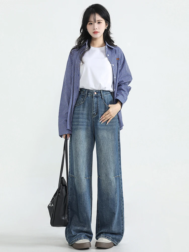 

Women Baggy Blue Jeans American Retro Fashion Casual Basic Waisted Straight Denim Trousers Femme Loose Wide Leg Pants Y2K Teen