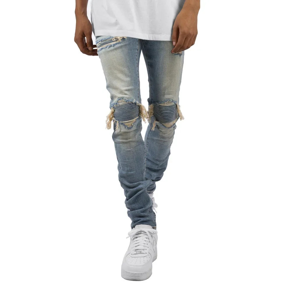 Männer Jeans Flash Distressed Bleistift hose Denim gespleißte Taschen High Street Slim Fit Mitte Taille Wasch reiß verschluss fliegen flach 2024