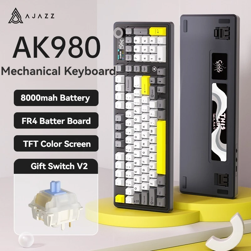 Ajazz AK980 Gaming Mechanical Keyboard Wireless/Bluetooth/Wired,Smart TFT Display, PBT Keycaps, 8000mAh Battery,Hot Swap,98 Keys