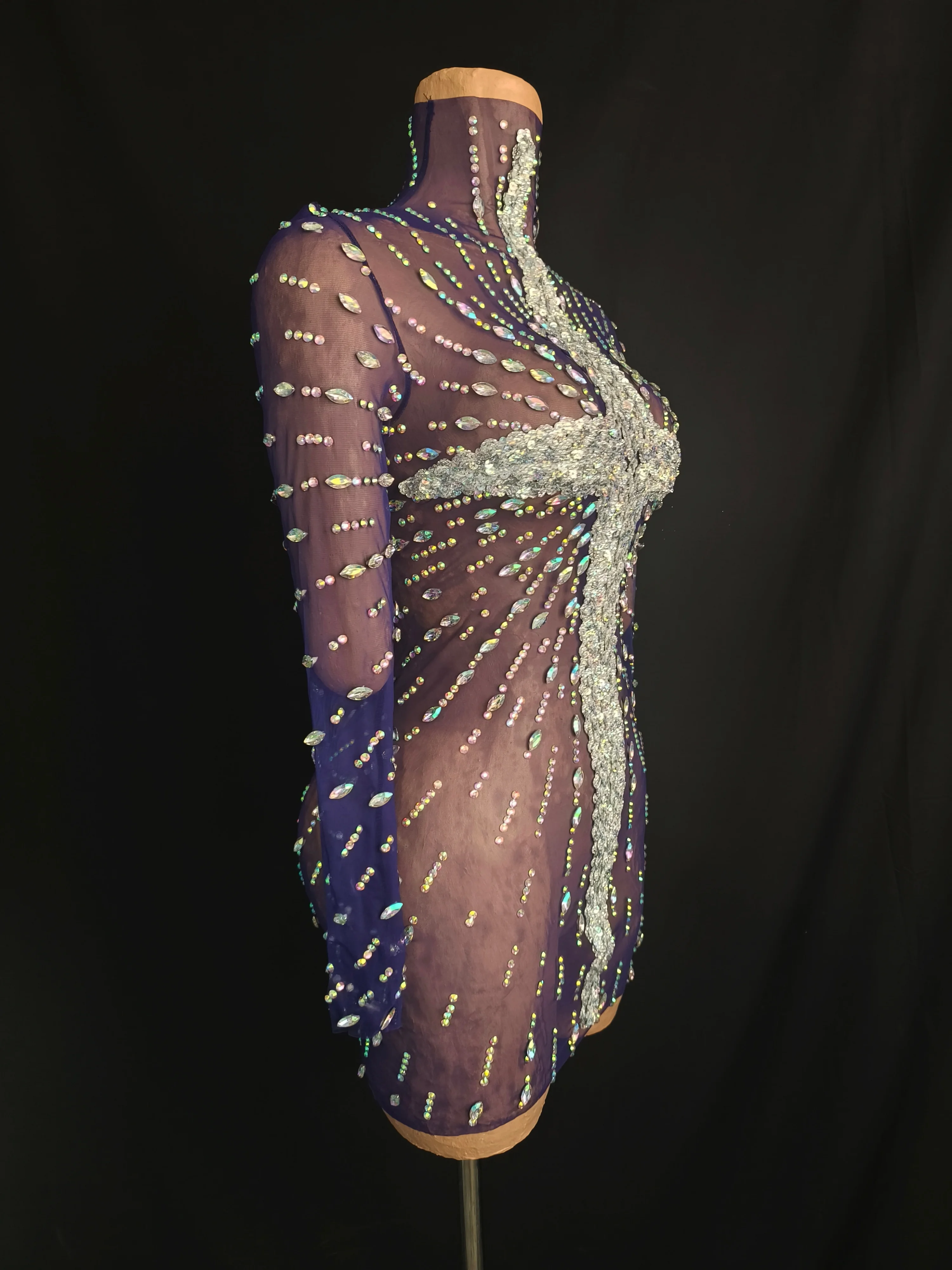 Abito corto attillato con strass glamour da donna, manica lunga, festa da sera, abito da ballo, costume da spettacolo per discoteca